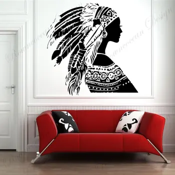 Krásne Indiána Žena Stenu, Vinylové Nálepky Domova Obývacej Izby, Spálne Dekorácie Odtlačkový Vymeniteľné Interiéru Nástenná Maľba A646