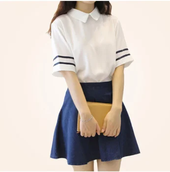 -Krátke rukávy Japonskej školy jednotné dievča námorník jednotné biela blúzka a modré krátke sukne Japončina kórejčina kostým dievča