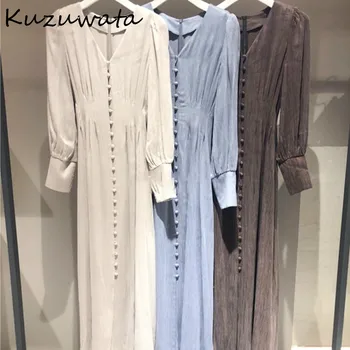 Kuzuwata Elegantný Retro Štíhly Pás Ženy Šaty Farbou tvaru Singel svojim Šaty na Jeseň Nové Módne Vestidos 1H061