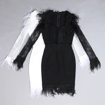 Kvalitné biele a čierne sexy sieťovina dlhý rukáv rayon obväz večerné šaty