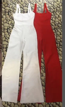 Kvalitné Červené Biele Sklzu Rayon Obväz Jumpsuit Sexy Klubu Strany Jumpsuit