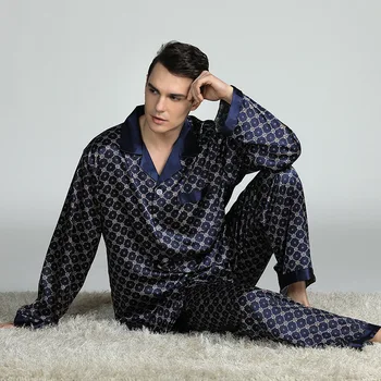 Kvalitný Hodváb pyžamo paisley Mužov dlho puzdre tričko + nohavice dva kusy Sleepwear Nastaviť Plus Veľkosť Pyžamá domáce oblečenie Muž