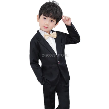 Kvet Chlapci Black Svadobný Oblek Deti Bunda, Nohavice 2ks Oblečenie Set sa Deti Piano Show Výkon 007 Party Šaty, Kostým