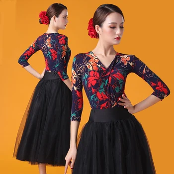 Kvetina tlače Sála Moderného tvaru sexy latinské tanečné oblečenie top pre ženy/female,Tango Kostým Praxi výkon nosenie YU2012