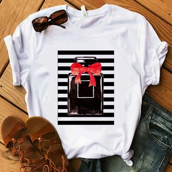 Kvetinový parfém Prúžok Tlače Žien T-shirt Letné Tričko Dámske Luxusné Značky Harajuku Streetwear T-shirt Top dámske tričko