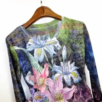 Kvetinový tlač tričko ženy, Plus veľkosti 4XL 2020 jeseň dlhý rukáv grafické tees modis slim tshirt o-krku topy tee tričko femme