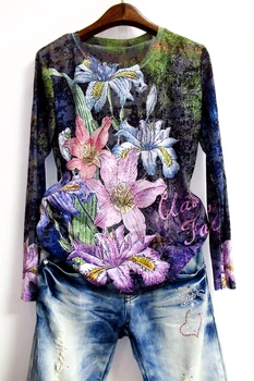 Kvetinový tlač tričko ženy, Plus veľkosti 4XL 2020 jeseň dlhý rukáv grafické tees modis slim tshirt o-krku topy tee tričko femme
