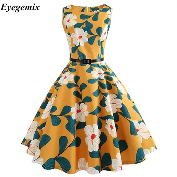 Kvetinový Tlač Ženy Letné Šaty 2021 Hepburn 1950 60. rokoch Retro Swing Vintage Šaty-Line Party Šaty s Pásom Jurken Plus Veľkosť