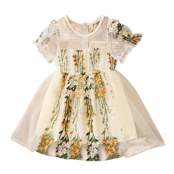 Kvetinový Tylu Šaty pre Dievčatá Letné Módne Oblečenie Batoľa Detská Béžová Biele Šaty Deti Baby Girl Maškarný Strany Vestidos