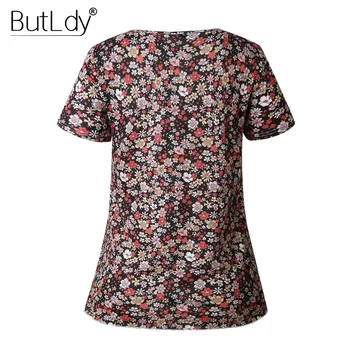 Kvetinový Vytlačené T Shirt Ženy 2019 Jar Leto Krátky Rukáv Topy & Tees Bežné Vintage Skladaný Tee Tričko Femme Basic Tričko