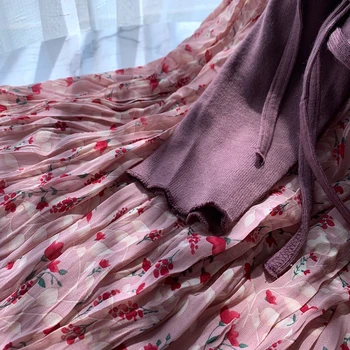 Kvetinový Šifón A-line Skladaná Sukňa Žien Dlhá Sukňa Mujer Lete Roku 2020 Plus Veľkosť Maxi Sukne Vintage Elegantné Sukne Ružová Retro
