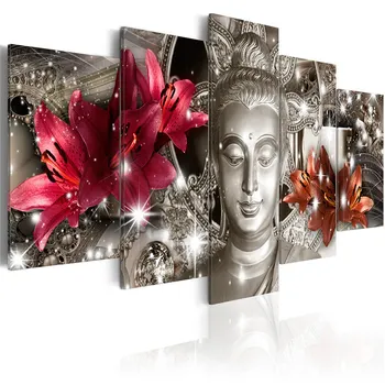 Kvety Wall Art Plátno HD Tlače Plagát Rám Obývacia Izba Domova 5 Kusov Budhizmus Abstraktné Obrázky Sochu Budhu Maľovanie