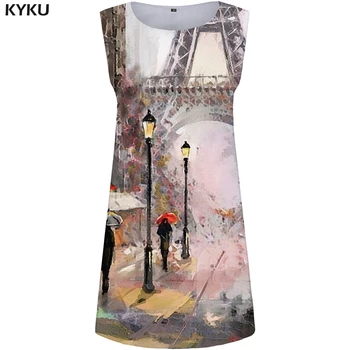KYKU Eiffelova Veža Šaty Žien Mesto Retro Šaty Francúzsko Maľovanie 3d Tlač Sundress Sexy Dámske Ležérne Oblečenie Dámske Šaty Nové