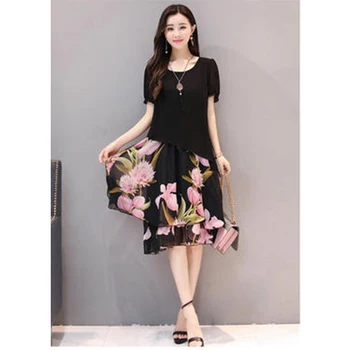 Kórejská verzia lete kolená rovné rovné kvetinová dámska šaty veľkosť ušľachtilý temperament šifón dámske šaty W279