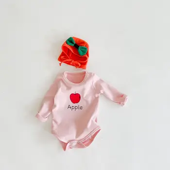 Kórejské Deti Jeden Kus Kombinézu Unisex Novorodenca Oblečenie Na Jeseň Dlhý Rukáv Apple/Mango Dieťa Boys Dievča Onesie Jumpsuit+Luk Klobúk