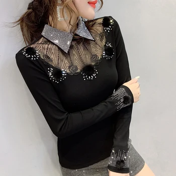 Kórejské Oblečenie Sexy Patchwork Čipky Diamanty Tričko Ženy 2019 Jeseň Zima S Fleece Nechtov loptu Topy Ropa Mujer Tees T9N907