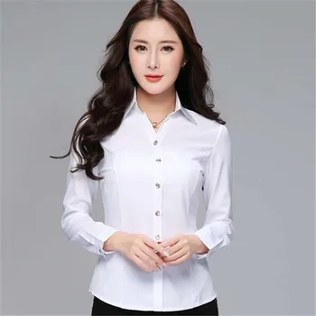 Kórejské Ženy Košele Ženy Dlhý Rukáv Košele Office Lady V Krku Biele Tričko Žena Prekladané Topy, Blúzky, Plus Veľkosť Dámy Topy 3XL