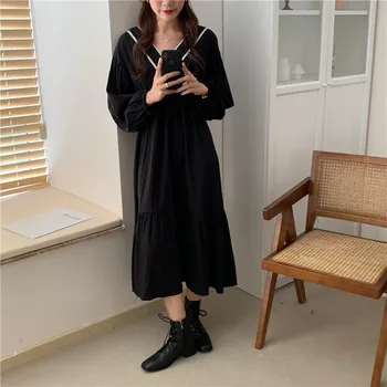 Kórejský Elegantný Módny Dizajn Jeseň Jar Dámske Dlhý Rukáv Bežné Lenivý Dievčatá V Krku Voľné Bežné Čierna Vintage Dlho Maxi Šaty