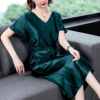 Kórejský Hodvábne Šaty Žien Elegantné Dámske Saténové Šaty Žena Vysoký Pás Pruhované Šaty Plus Veľkosti Ženy tvaru Bodycon Dlhé Šaty