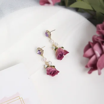 Kórejský Imitácia Pearl Flower Visieť Náušnice pre Ženy, Dievčatá Módne Crystal Luk Kvapka Ruže Náušnice Temperament Strany Šperky