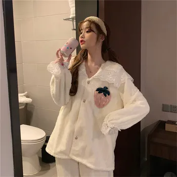 Kórejský jahoda pyžamo sladké veľké klope dvojdielne obleky, ženy domov služby vyhovovali žena sleepwear noc oblečenie pre dievčatá L026