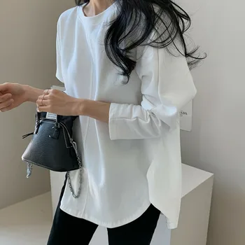 Kórejský Japonský Biele Tričko Ženy 2020 Módne Bežné Jar Dlhý Rukáv O Neck T-Shirt Voľné Elegantný Top Ropa Mujer Košele
