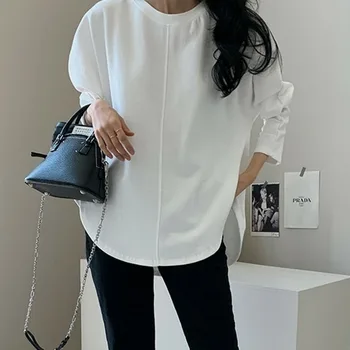 Kórejský Japonský Biele Tričko Ženy 2020 Módne Bežné Jar Dlhý Rukáv O Neck T-Shirt Voľné Elegantný Top Ropa Mujer Košele