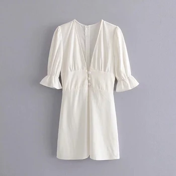 Kórejský koberčeky bavlnená posteľná bielizeň šaty žien krátky rukáv tlačidlo bežné plážové šaty Letné vintage hlboko v krku mini Šaty 2019 vestidos