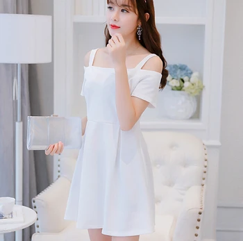 Kórejský Letné šaty žien oblečenie roztomilý krátky rukáv šaty módne lomka krku Condole pás šaty biela čierna červená šaty Vestidos