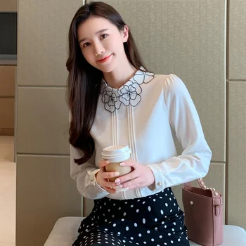 Kórejský Módne Šifón Blúzky pre Ženy Elegantná Žena, Vyšívané Blúzky OL Kvetinový Tričko Plus Veľkosť Blusas Mujer De Moda, Blúzky