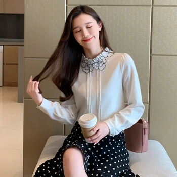 Kórejský Módne Šifón Blúzky pre Ženy Elegantná Žena, Vyšívané Blúzky OL Kvetinový Tričko Plus Veľkosť Blusas Mujer De Moda, Blúzky