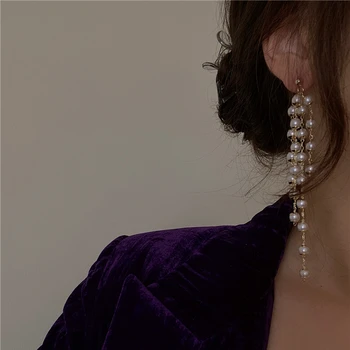 Kórejský retro geometrické pearl dlhý strapec preháňania drop náušnice pre ženu dievčatá estetické strany šperky Nový rok darčeky