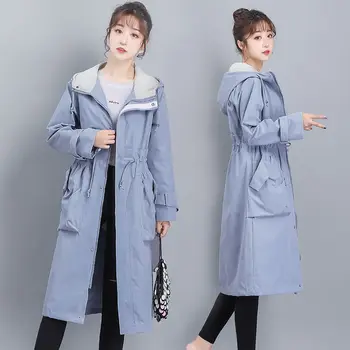 Kórejský Slim Windbreakers Dámske 2021 Jar Nové Dlhý Výkop Coats Žena Bežné Kabát S Kapucňou Jeseň Plus Veľkosť Voľné Coats