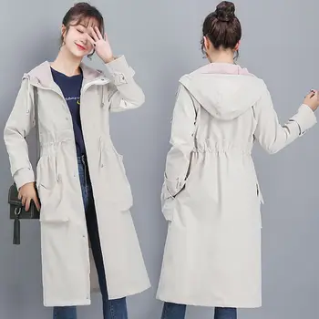 Kórejský Slim Windbreakers Dámske 2021 Jar Nové Dlhý Výkop Coats Žena Bežné Kabát S Kapucňou Jeseň Plus Veľkosť Voľné Coats