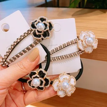 Kórejský tendy camellia pearl flower vlasy luk šperky crystal hlavový most doplnky do vlasov pre ženy
