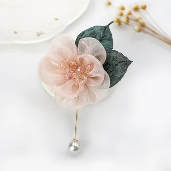 Kórejský Textílie Kvet Brošňa Crystal Pearl Dlhé Ihly Preklopke Kolíky Elegantné Tričko, Šatku Pracky Corsage Darčeky pre Ženy Príslušenstvo