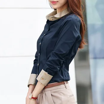 Kórejský Topy Ženy Košele Office Lady Slim Plus Veľkosť Šifón Blúzky Bežné Klope Dlhý Rukáv Blusa Patchwork Jar Blúzka 5XL