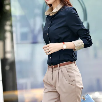 Kórejský Topy Ženy Košele Office Lady Slim Plus Veľkosť Šifón Blúzky Bežné Klope Dlhý Rukáv Blusa Patchwork Jar Blúzka 5XL
