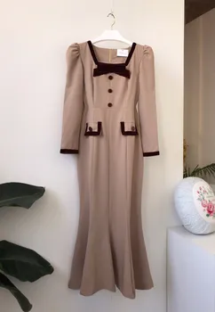 Kórejský Vintage Luk Ženy Dlho Morská víla Šaty 2020 Jeseň Zima Dlhý Rukáv Námestie Golier Farba-blokované Elegantné Dámy Vestidos