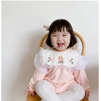Kórejský Štýl Baby Girl Jeden Kus Králik Výšivky Romper Novorodenca Roztomilý Bavlna Jumpsuit Kórea Dieťa Jeseň Remienky Dvojičky Oblečenie