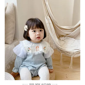 Kórejský Štýl Baby Girl Jeden Kus Králik Výšivky Romper Novorodenca Roztomilý Bavlna Jumpsuit Kórea Dieťa Jeseň Remienky Dvojičky Oblečenie