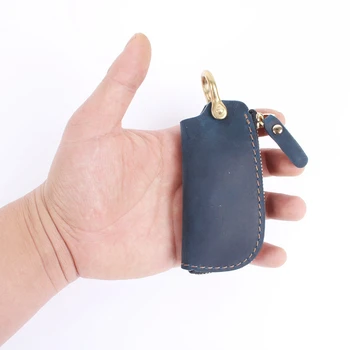 Kľúčové peňaženka pre mužov modrá ročník Japonsko kľúča Vozidla prípade pre mužov a ženy zips prvá vrstva z hovädzej kože Ručne stručne dizajn
