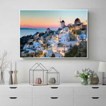 Laeacco Moderné Santorini Hrad Egejského Mora Plátno na Maľovanie Domova Plagát a Vytlačí na Stenu Obrázok Pre Obývacej Miestnosti Dekorácie