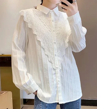 Lamtrip vintage čipky patchwork preppy štýl bavlnené tričko s dlhým rukávom 2020 jeseň blúzka ženy