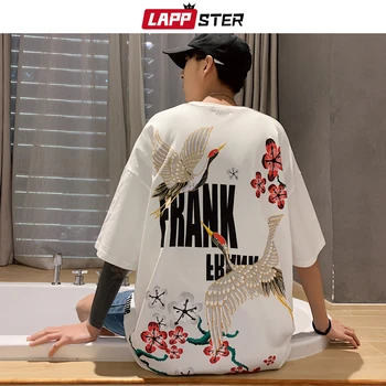 LAPPSTER Mužov Japonský Streetwear Žeriav T Shirt 2020 Lete Mens Harajuku Čierne Tričká Male Biele kórejský Voľné Tees Plus Veľkosť