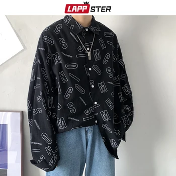 LAPPSTER Mužov List Harajuku Nadrozmerné Košele 2020 Jeseň Mens kórejský Módne Tričko s Dlhým Rukávom Muž Streetwear Vintage Oblečenie