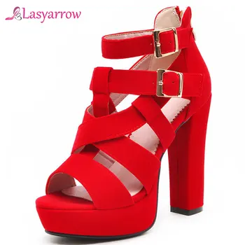 Lasyarrow 2020 Členok Popruh Kríž Viazané Dizajn Vysokým Podpätkom Sandále Ženy Strany Svadobné Topánky Platformu Dámy Letné Black Red J754