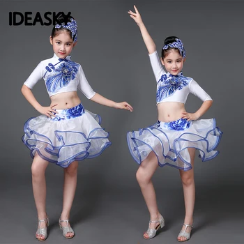Latinské tanečné oblečenie pre dievčatá latinskej salsa šaty sála tango šaty deti spandex deti, rumba, kostýmy nastaviť sukňa biela modrá