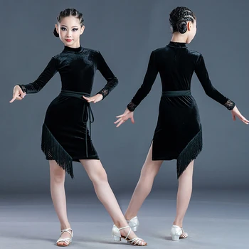 Latinské Tanečné Šaty Dievčatá Detí JE Profesionálna tanečná Sála Dancewear Strapec Velvet Súťaže Oblečenie Výkon Oblečenie SL4259