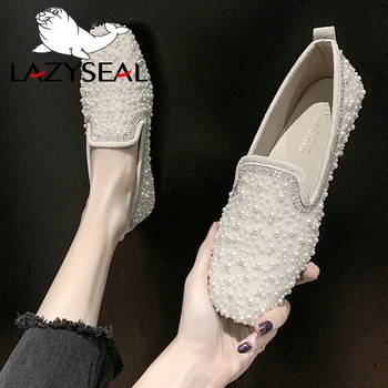 LazySeal 2020 Jar Bytov Ženy, Topánky, Šperky Kryštály Pearl Mokasíny Ploché Päty String Perličiek Moccasin Tkaných Topánky Pre Ženy